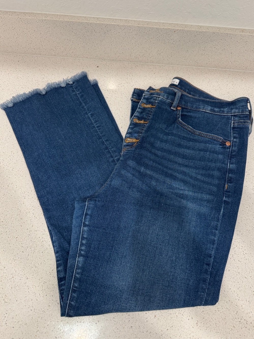 LOFT Dark Blue High-Rise kick crop Jeans with Frayed Hem